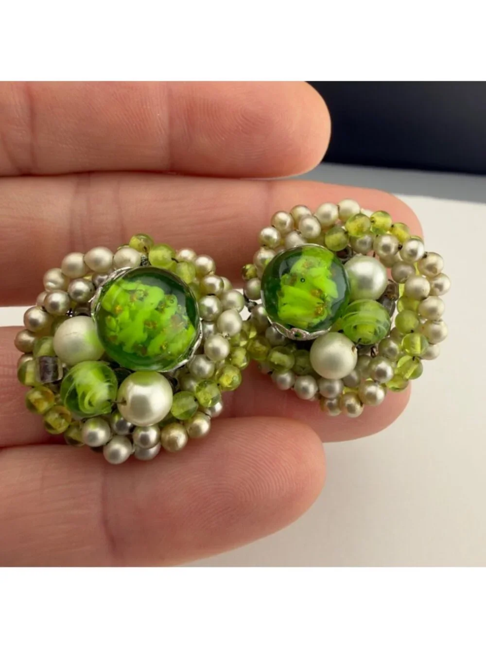Vintage Clip-On Earrings Set Faux Pearls Green Art Glass Flower Cluster MCM